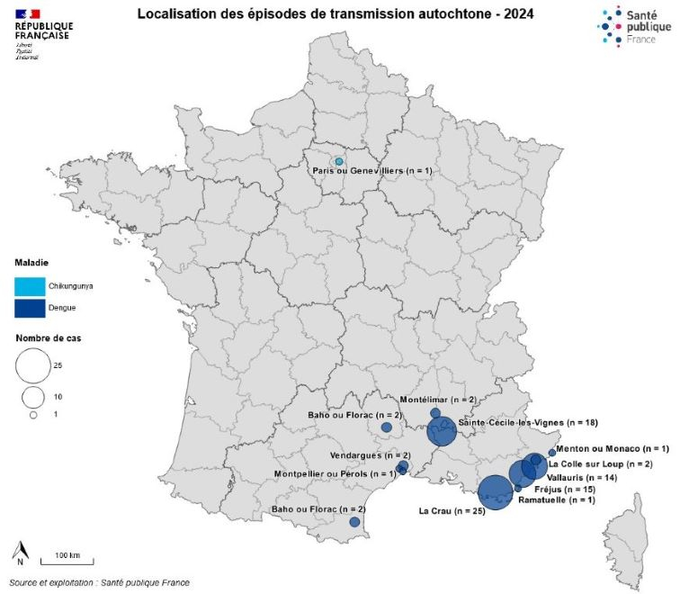 Carte des épisodes de transmission autochtone de dengue et de chikungunya en France hexagonale, saison 2024